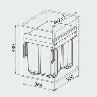 maatvoering Inbouw afvalemmer, 2 x 20 liter, antraciet